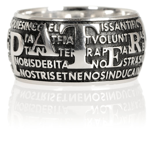 Anello Benedictvs in argento e placcato in oro con preghiera in latino del Padre Nostro