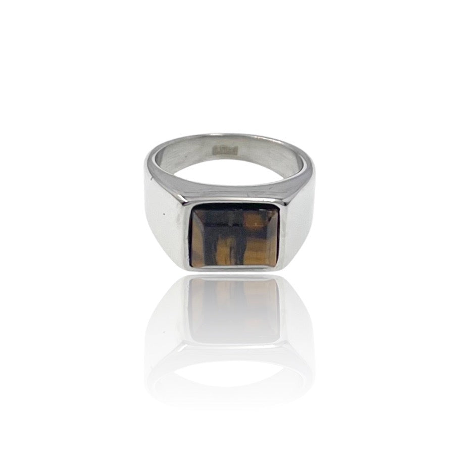 Anello in acciaio da uomo forma quadrata con occhio di tigre