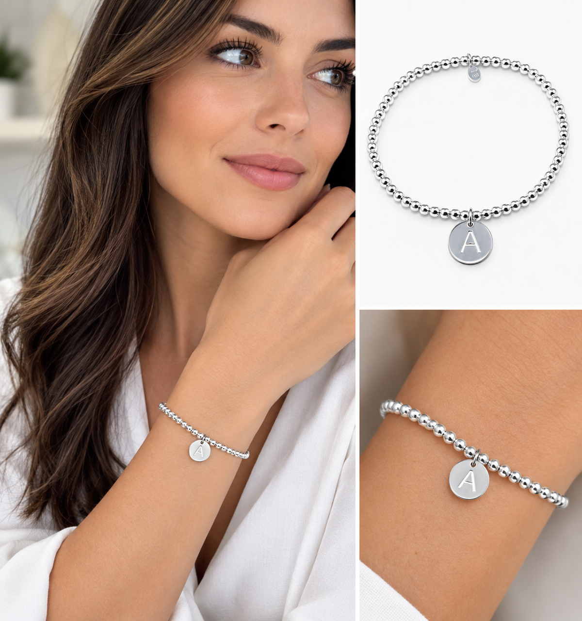 Bracciale iniziale in argento 925 ‰ con lettera iniziale elasticizzati