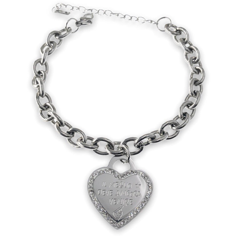 Bracciale a cuore con strass in acciaio inossidabile " Il meglio deve ancora venire"