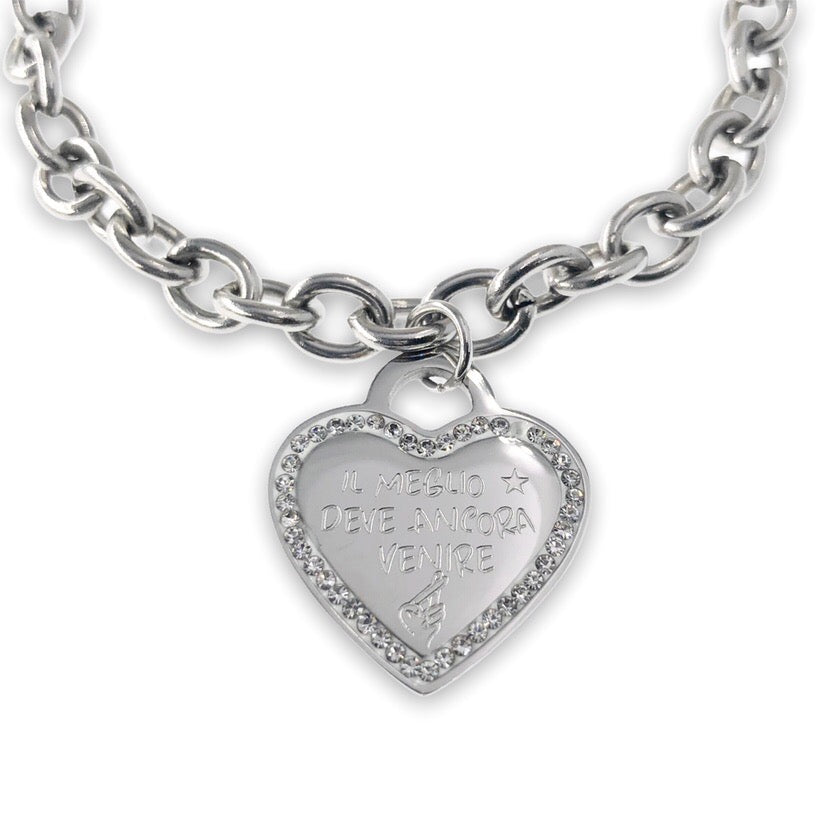 Bracciale a cuore con strass in acciaio inossidabile " Il meglio deve ancora venire"