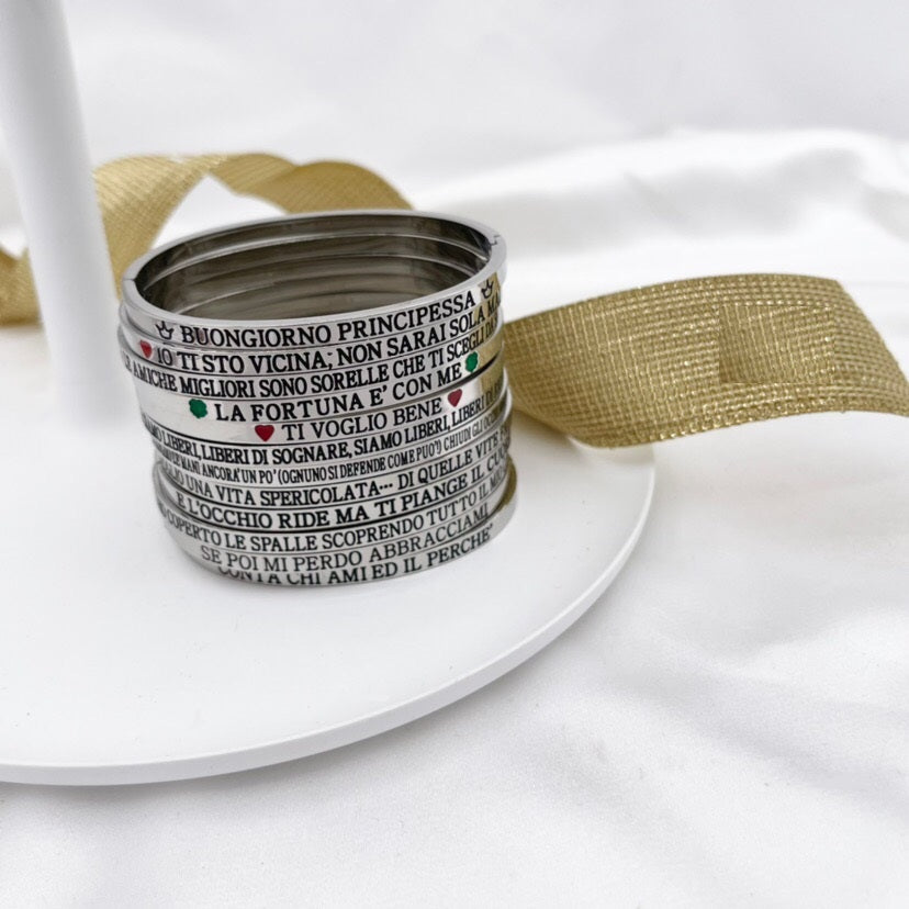 Bracciale braccialetto con scritta frase in acciaio argento e dintorni
