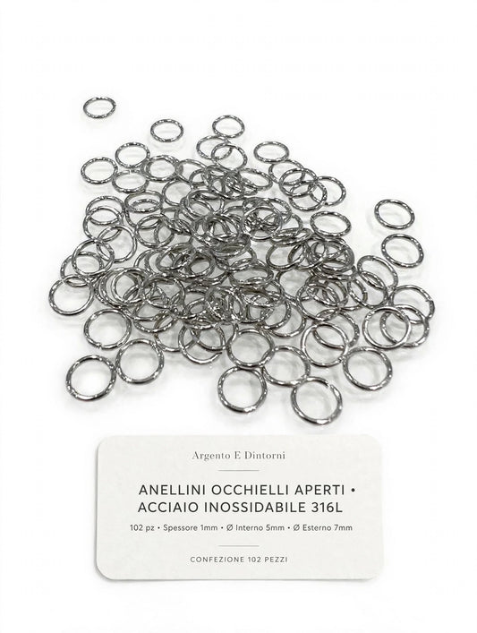 Anellini Occhielli Aperti Acciaio Inox 5mm x 1mm - Confezione 102 Pezzi - Argento E Dintorni