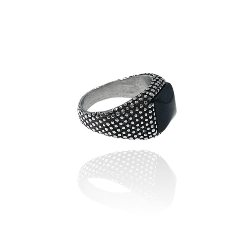 Anello in acciaio da uomo forma quadrata con pietra onice nero