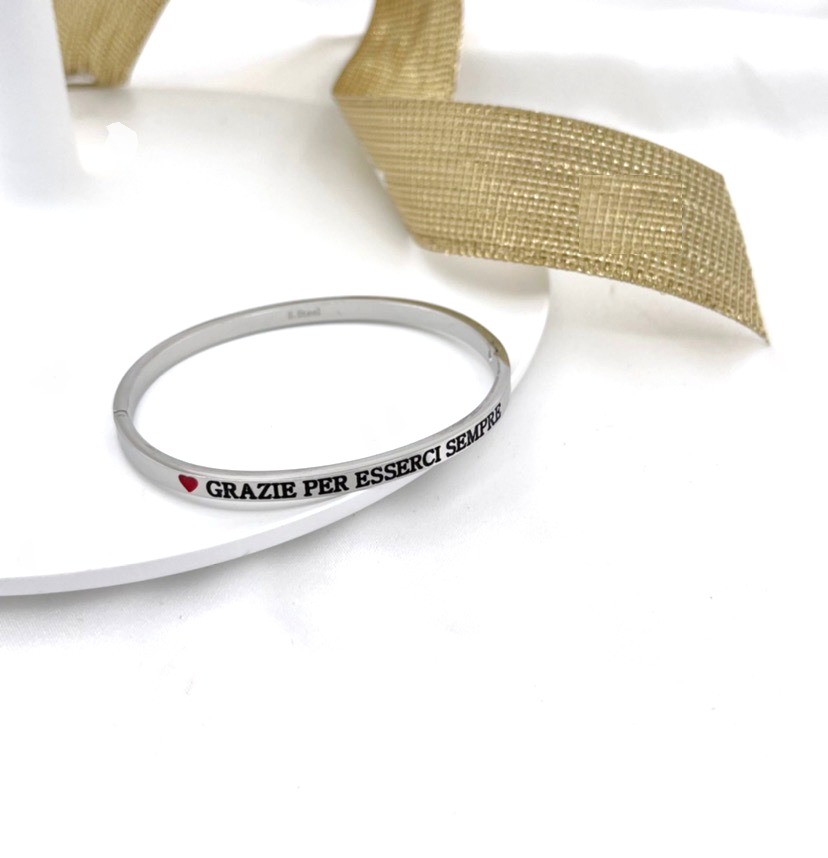 Bracciale braccialetto con scritta grazie per esserci sempre  frase in acciaio argento e dintorni 