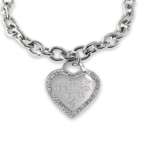 Bracciale a cuore con strass in acciaio inossidabile " Il meglio deve ancora venire"