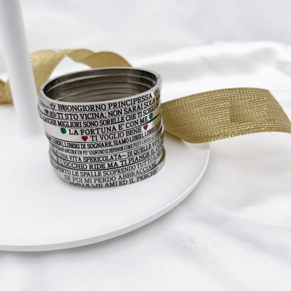 Bracciale braccialetto con scritta frase in acciaio argento e dintorni 