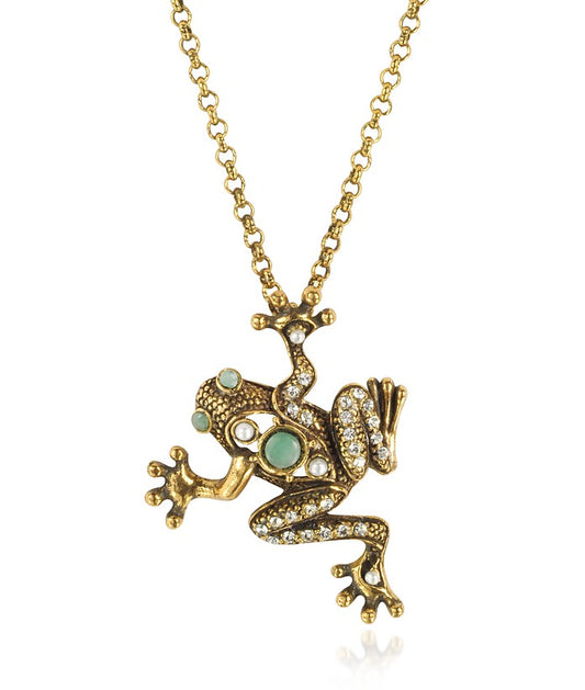 Collana Alcozer con ranocchio in ottone dorato, perle e smeraldi.