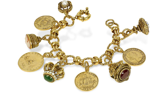 Bracciale Alcozer in ottone placcato oro con charms e monete